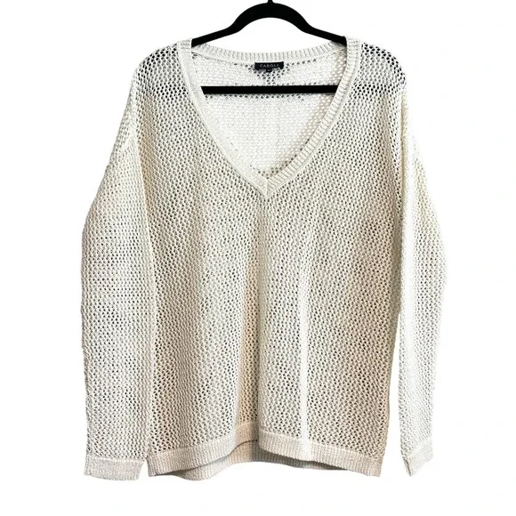 Caroll Paris Metallic Open Knit Linen Blend V-Neck Sweater Cream XS - Picture 2 of 14